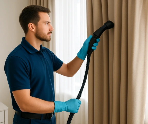 Curtain steam cleaning in progress